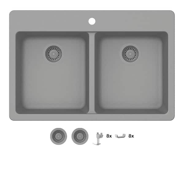 Glacier Bay Stonehaven 33 in. Drop-In 50/50 Double Bowl Gray Ice Granite Composite Kitchen Sink with Gray Strainer