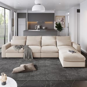130 in. Square Arm Linen 5-Piece L-Shaped Feather Filled Sectional Sofa with Ottoman in Beige