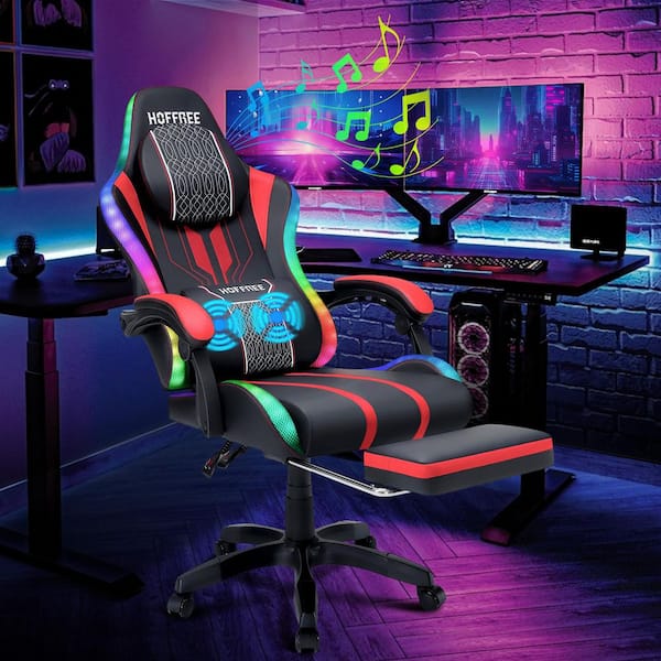 Faux Leather Massage Ergonomic Gaming Chair Big and Tall Game Chair in Red with Bluetooth Speakers LED Lights Footrest
