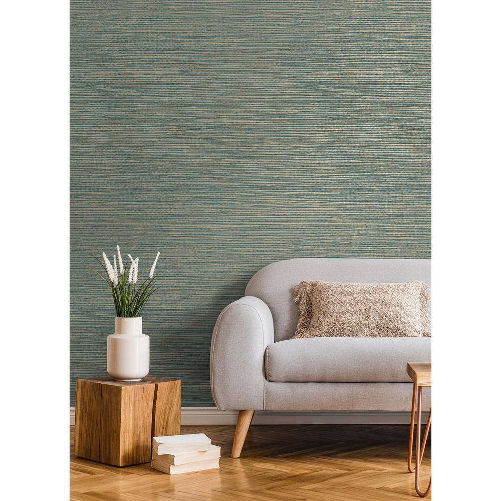Teal and Gold Embossed Grasscloth Peel and Stick Wallpaper Roll