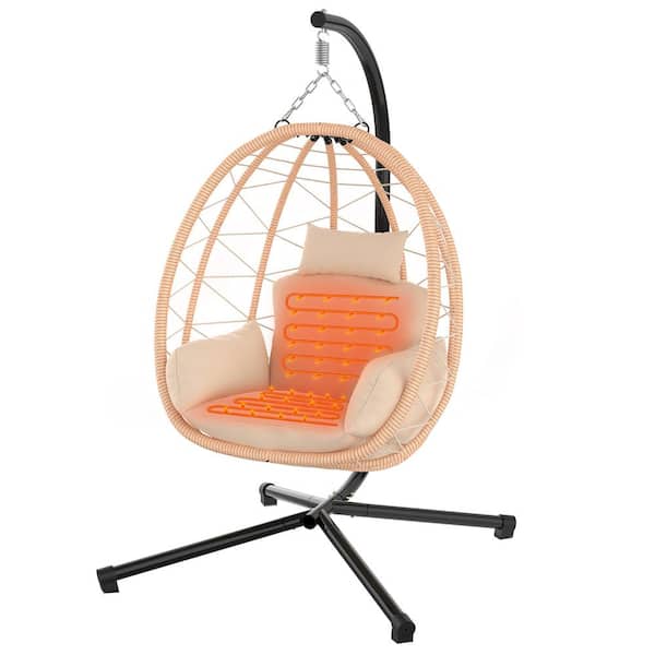 SEEUTEK Brown Patio Hanging Basket Heated Egg Chair with Stand, Rattan Wicker Swing Chair with UV Resistant Cushion and Pillow