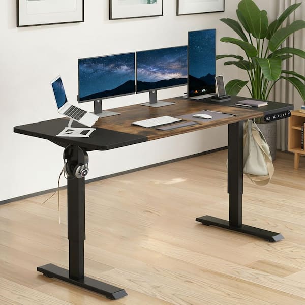 Elaris Modern 63 in. Rustic Brown Plus Black Wood and Metal Electric Height-Adjustable Computer Desk