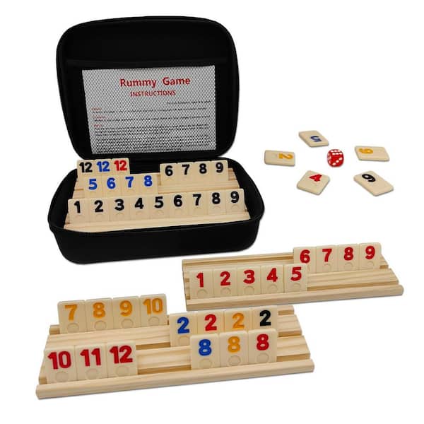 Angel Sar Rummy Cube 4 Player Edition Game Set with 106 Durable Colored Tiles, 4 Wooden Racks and Portable Case for Family