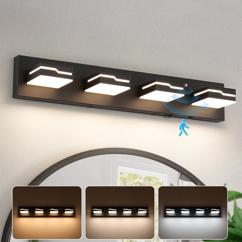 JUSHENG 25.6 in. 4-Light Black Dimmable LED Motion Sensor Vanity