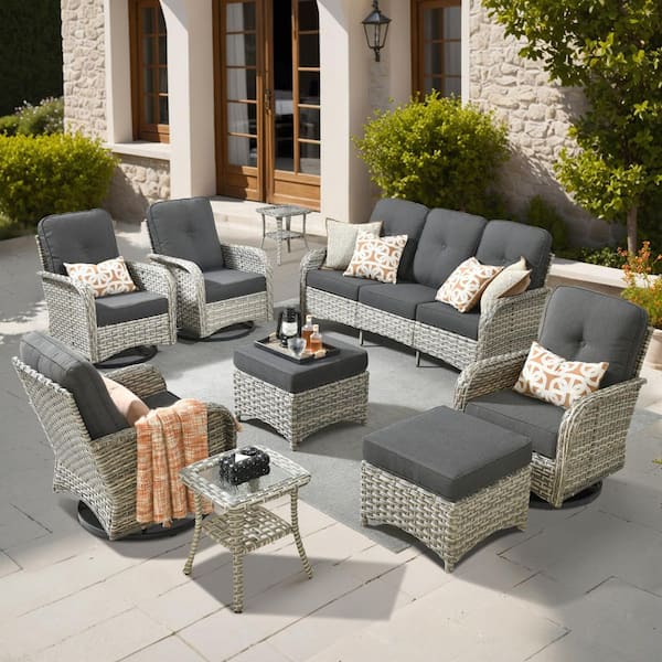 Beverly 9-Piece Wicker Patio Conversation Sofa Swivel Rocking Chairs Set with Ottomans and Black Cushions