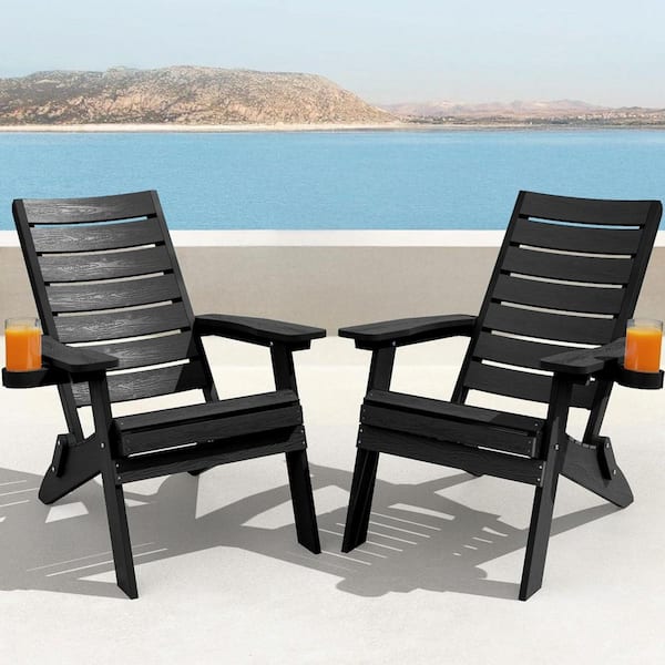 Mximu All-Weather HIPS Black Folding Plastic Patio Adirondack Chair for Outdoor (Set of 2)