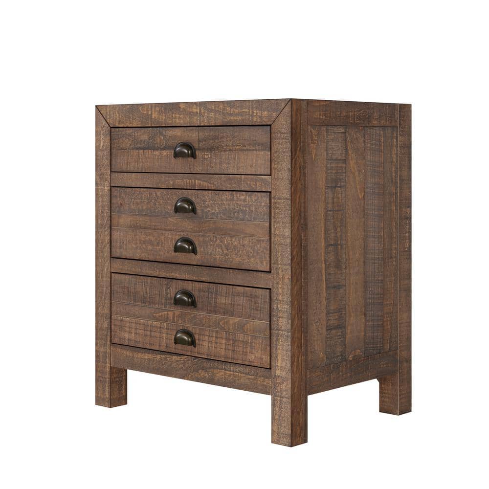 Rustic Brown Solid Pine Wood 3-Drawer Nightstand with Cup Pulls