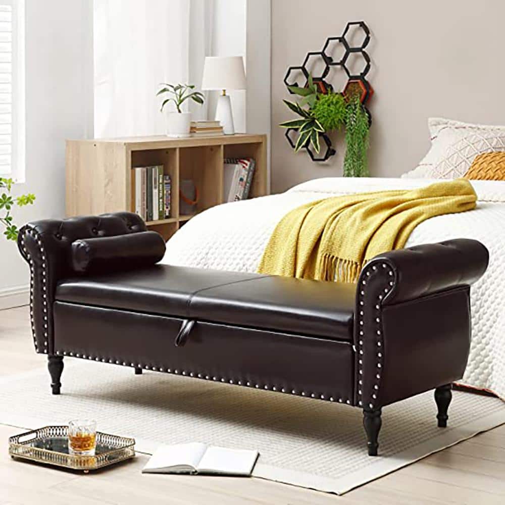 Dark Brown PU Upholstered Ottoman 63 in. Bedroom Bench Flip Top Storage Ben