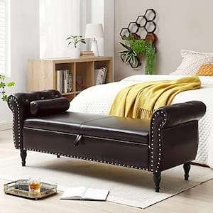 Dark Brown PU Upholstered Ottoman 63 in. Bedroom Bench Flip Top Storage Bench with Solid Wood Legs