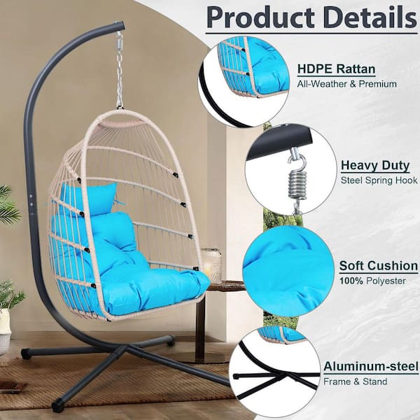 1-Piece Wicker Outdoor Swing Hammock Egg Chair with Cushions in Blue for Outdoor and Indoor