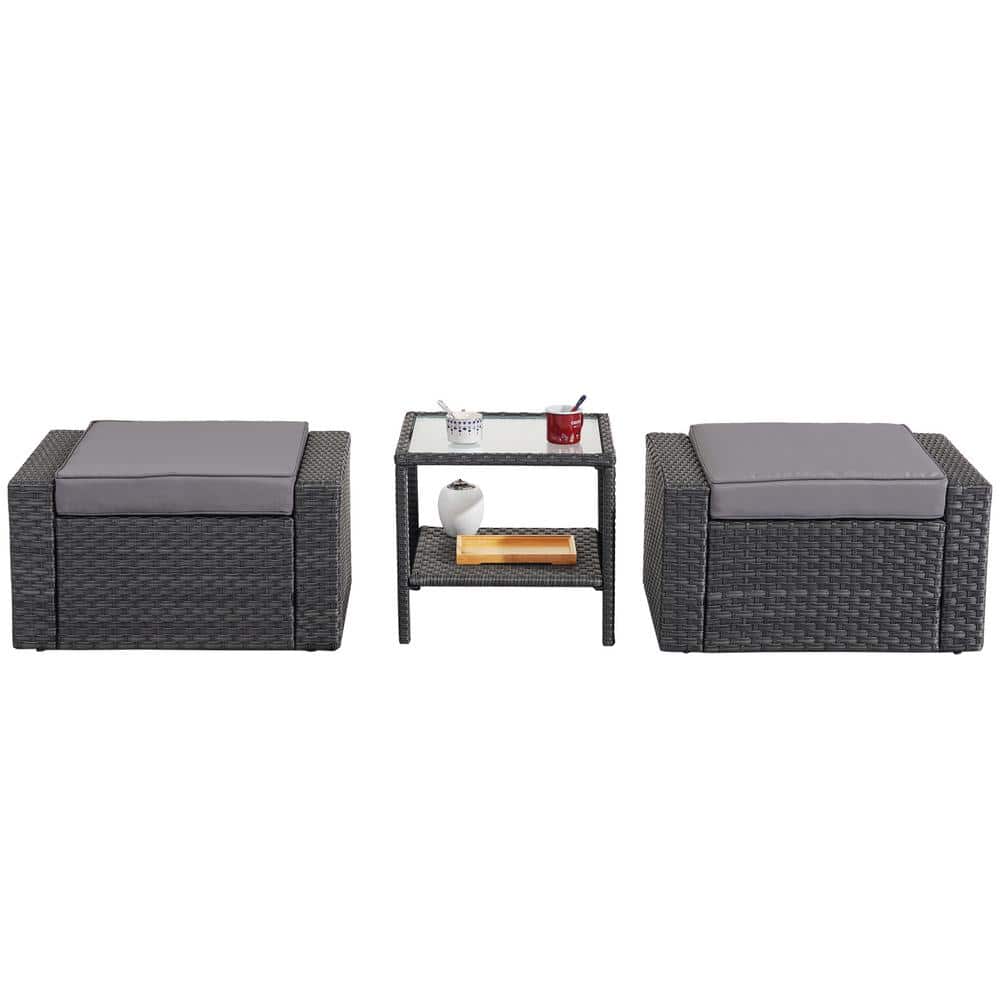 Black Wicker Outdoor Ottomans Patio Conversation Sets with Gray Cushions an