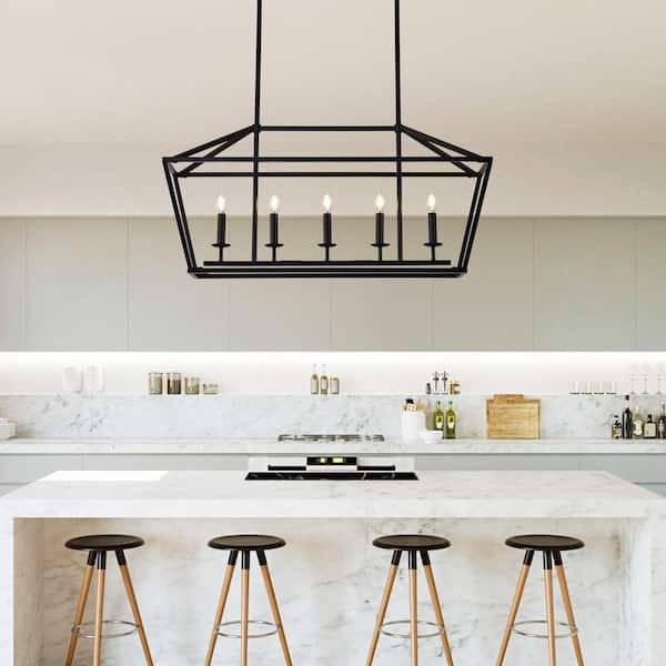 Basdien 5 light Black Farmhouse Industrial Linear Chandelier Hanging Pendant Light for Kitchen Island with No Bulbs Included