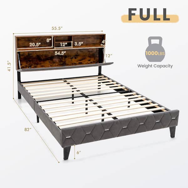 Costway Rustic Brown and Grey Bed Frame Metal Upholstered