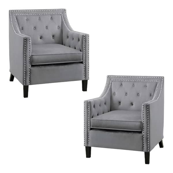 EVERGLADE HOME Ceylon Dark Gray Velvet Tufted Back Accent Chair (Set of 2)