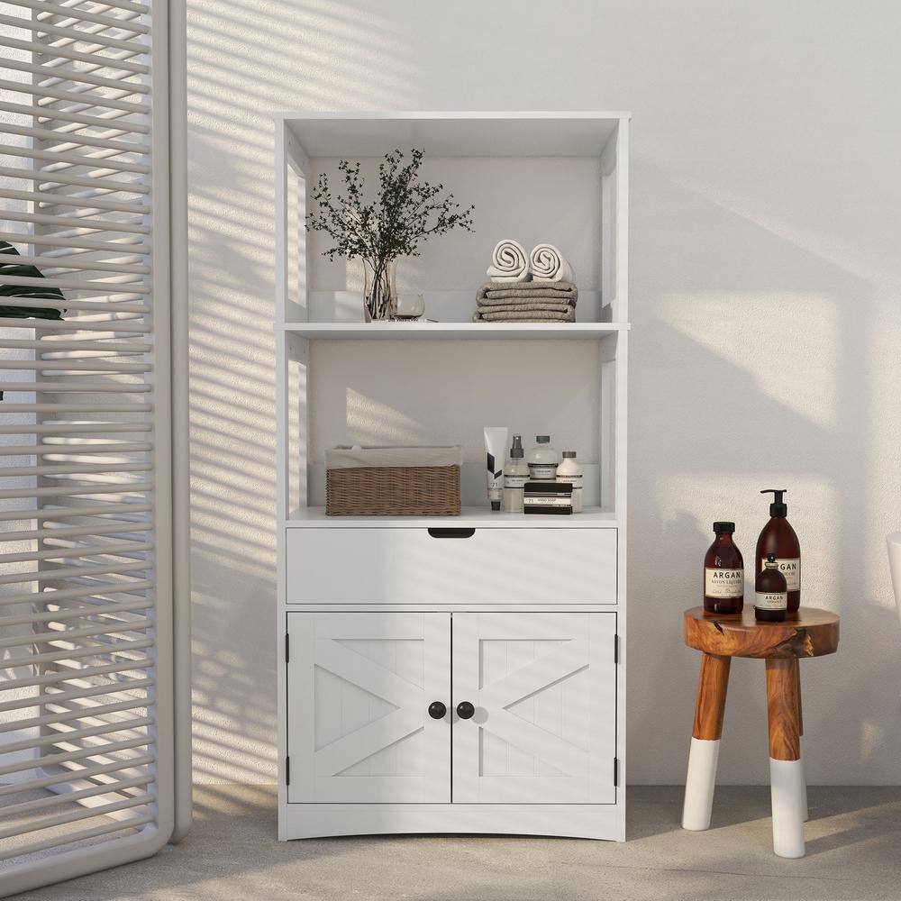 White MDF Freestanding Bathroom Storage Cabinet with Shelves and Doors
