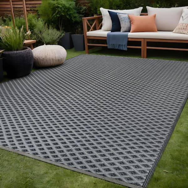 Jewel Gray 8 ft. x 10 ft. Diamond Geometric Washable Trellis Reversible Indoor Outdoor Area Rug