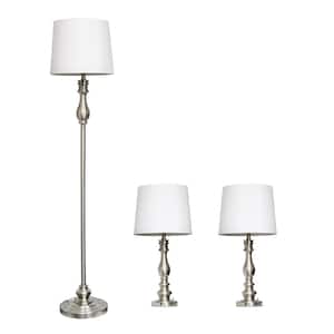 60 in. Brushed Steel Morocco Classic 3 Piece Metal Lamp Set (2 Table Lamps, 1 Floor Lamp) with White Fabric Shades