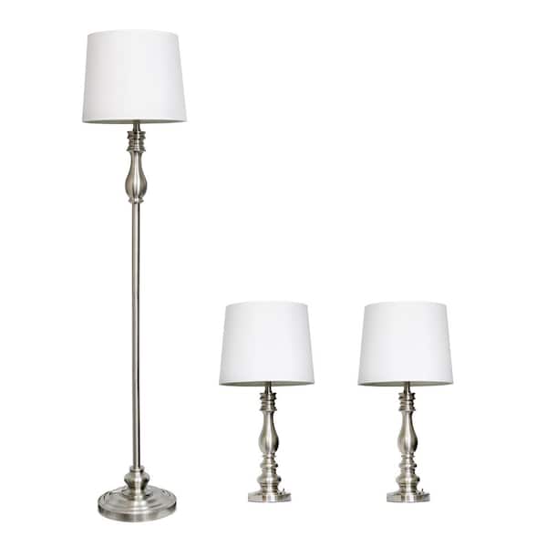 Lalia Home 60 in. Brushed Steel Morocco Classic 3 Piece Metal Lamp Set (2 Table Lamps, 1 Floor Lamp) with White Fabric Shades