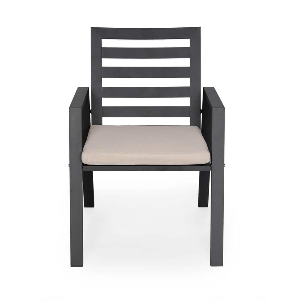 Black Aluminum Outdoor Dining Chair with Beige Cushions