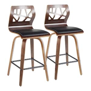 Folia 36 in. Black Faux Leather and Walnut Wood High Back Counter Height Bar Stool with Square Black Footrest (Set of 2)