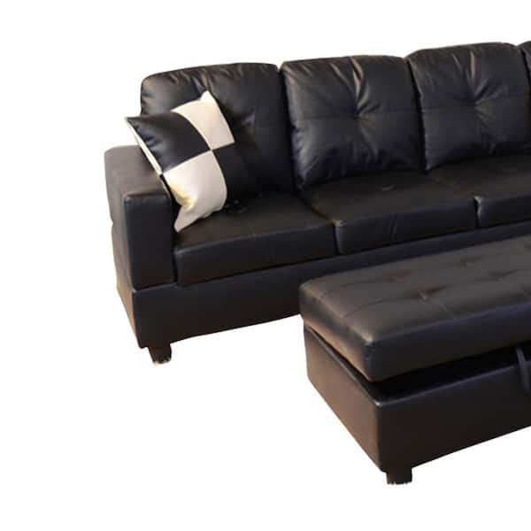 Star Home Living Black Faux Leather 3, Black Faux Leather Sectional With Ottoman