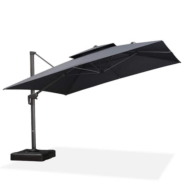 PURPLE LEAF 12 ft. Square 2-Tier Aluminum Cantilever 360° Rotation Patio Umbrella with Base in Ground, Gray
