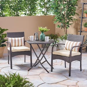 3-Piece Wicker Round 27.5 in.  H Outdoor Bistro Set with Cream Cushion, Multi Brown for Deck, Patio, Backyard