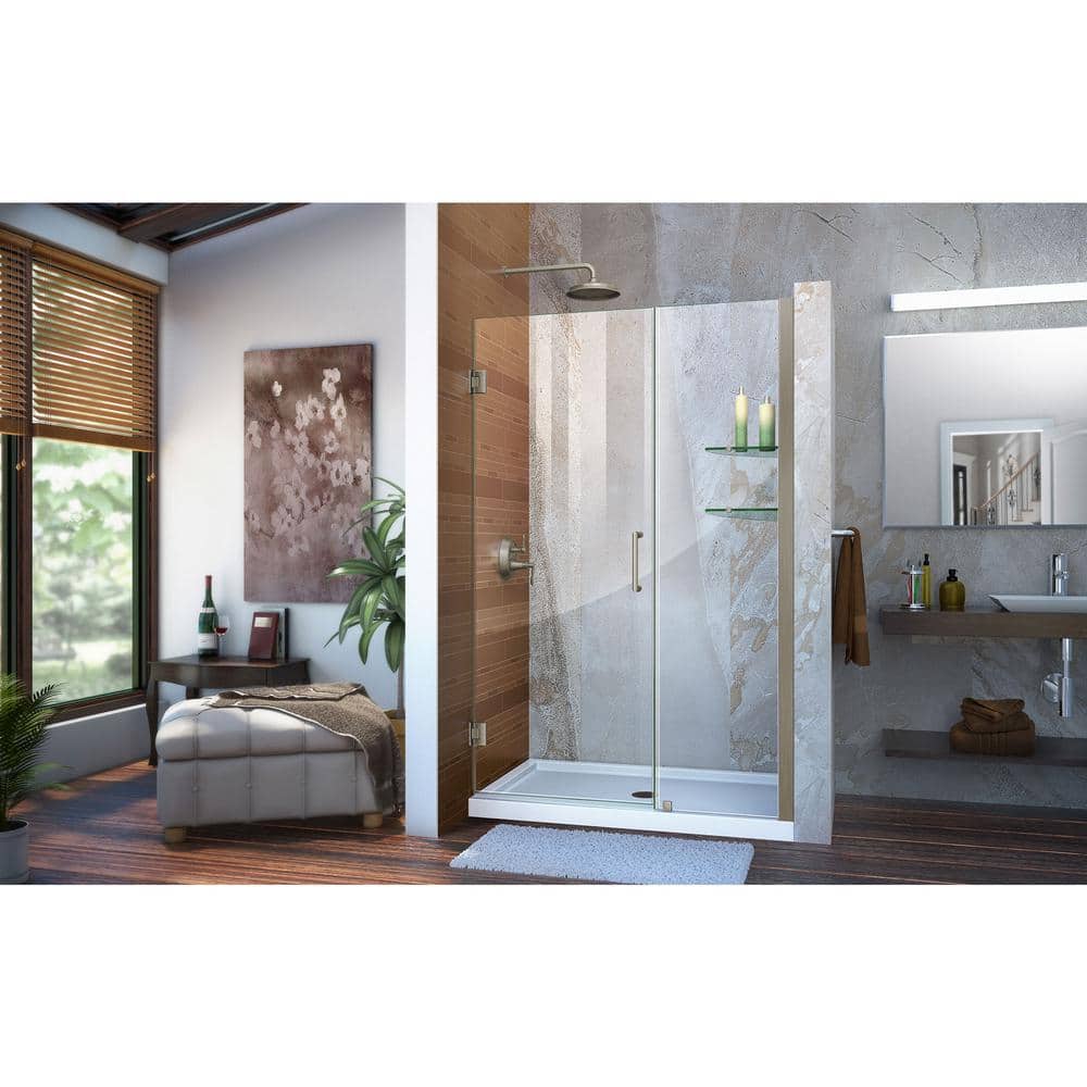Unidoor 49" Clear Glass Frameless Hinged Shower Door with Black Hardware