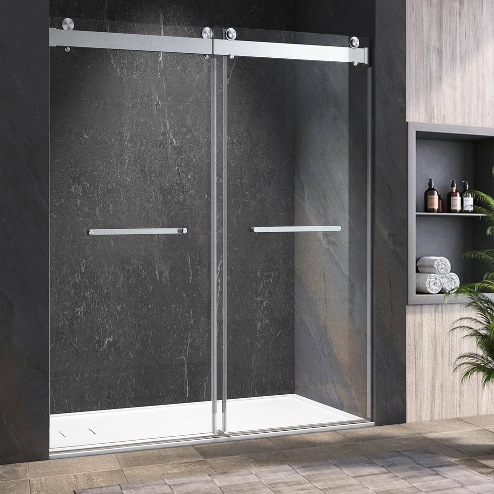 60" Frameless Brushed Nickel Sliding Shower Door with Clear Glass