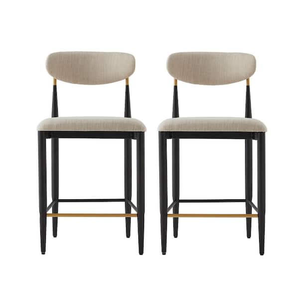 Avyra Modern 37.25 in. H Beige Fabric Upholstered and Black Metal Frame Counter Stools with Curved Backrest, Set of 2