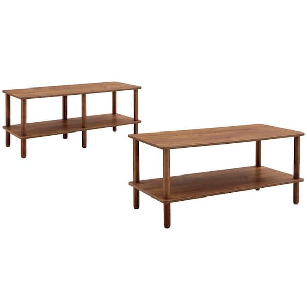 Tileon 2-Tier Coffee Table and TV Stand, Center Table with Open Storage Shelf, Rounded Rubberwood Legs in Walnut Brown, 2 Pack