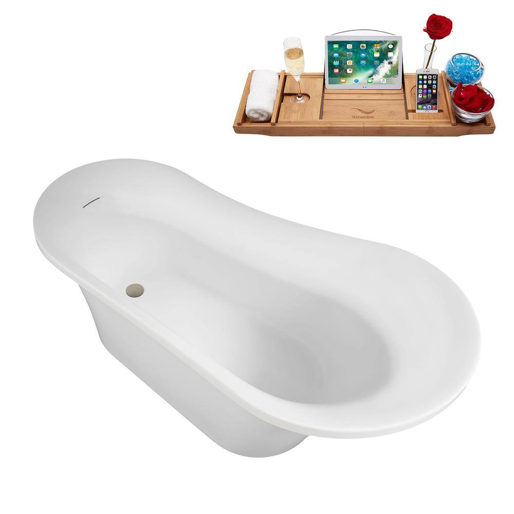 60" Glossy White Acrylic Freestanding Double Slipper Tub with Brushed Nickel Drain