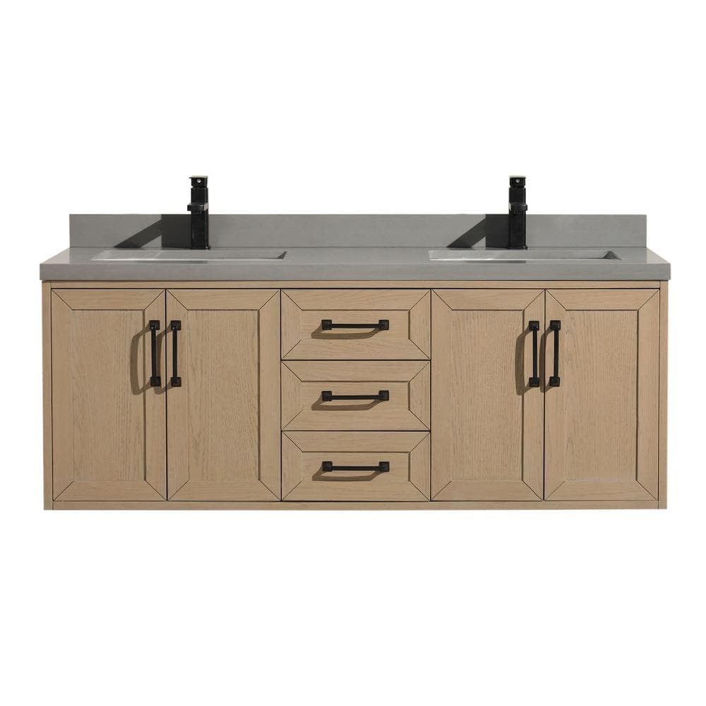 Venice 55" Oak Gray Double Sink Wall-Mount Vanity with Quartz Top