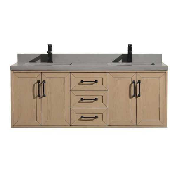 Ari Kitchen and Bath Venice 55 in. W x 21 in. D x 21.5 in. H Double Sink Floating Bath Vanity in Oak Gray Qt. Top in Gray White Basin