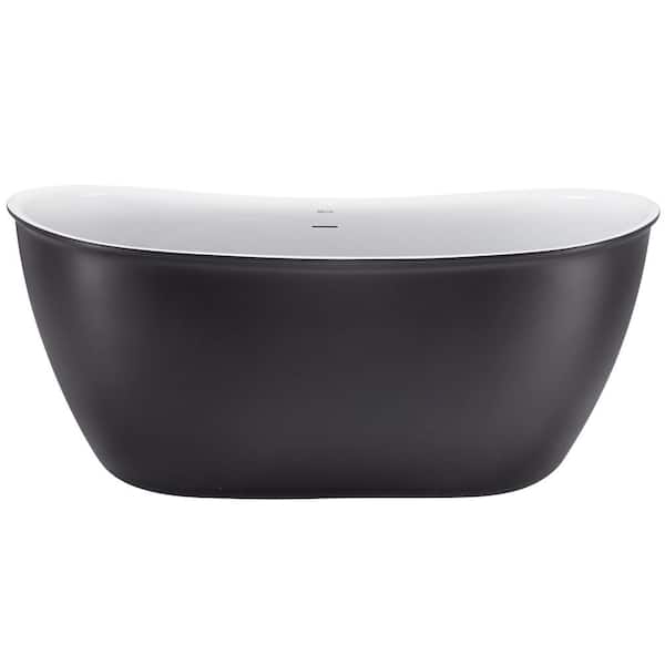 VANITYFUS 58.5 in. Acrylic Freestanding Flatbottom Soaking Bathtub in Matte Grey with Brass Drain and Overflow