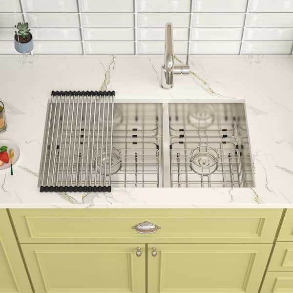 33 in. Undermount Double Bowl (60/40) 18-Gauge Brushed Nickel Stainless Steel Kitchen Sink with Bottom Grids