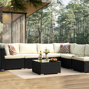 7-Piece Wicker Outdoor Sectional Set with Beige Cushions and Coffee Table