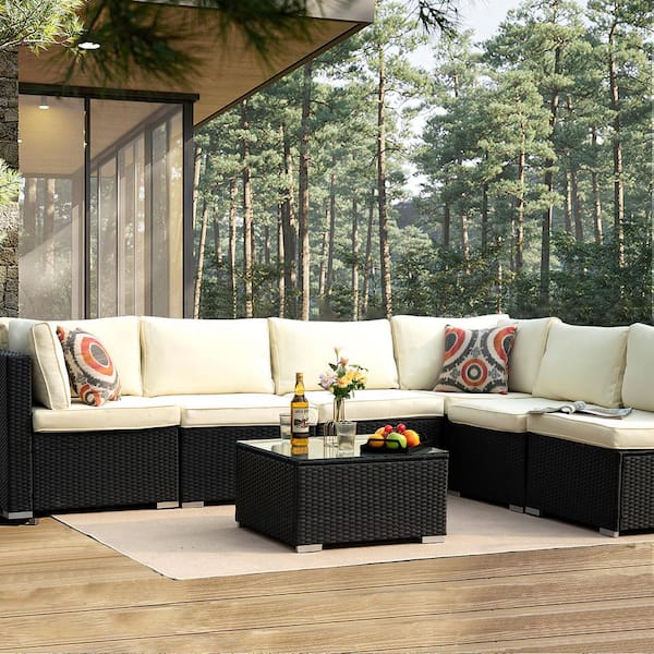 Cesicia 7-Piece Wicker Outdoor Sectional Set with Beige Cushions and Coffee Table