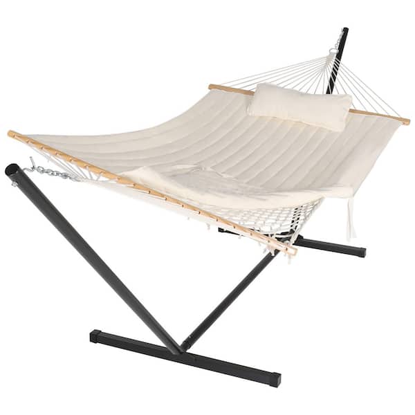 VEIKOUS 12 ft. Quilted 2-Person Hammock Bed with Stand and Detachable Pillow, Beige