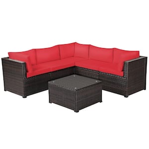 6-Piece Wicker Outdoor Sectional with CushionGuard Red Cushions