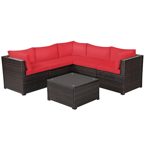 Costway 6-Piece Wicker Outdoor Sectional with CushionGuard Red Cushions