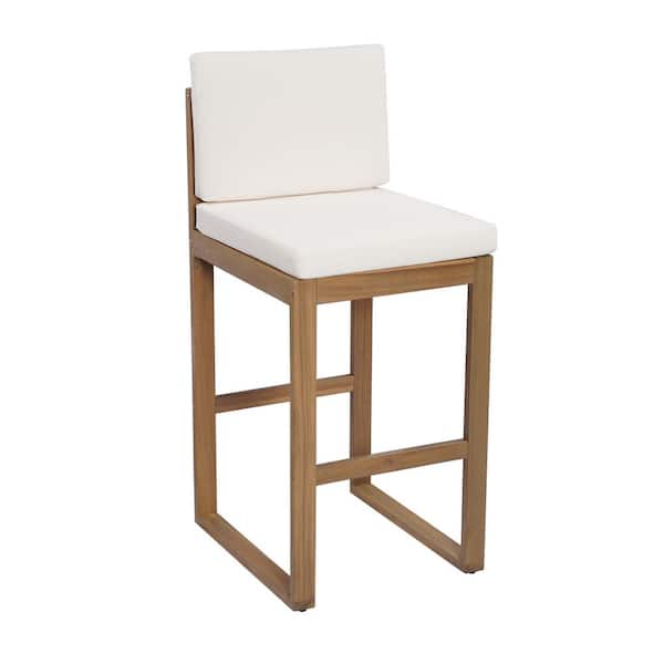 Acacia Wood Outdoor Bar Stool with Light beige Cushion (set of 2)