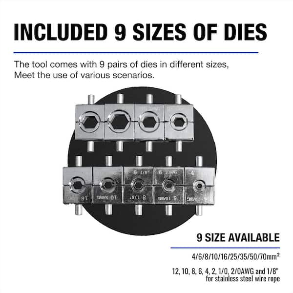 Etokfoks 10T Hydraulic Electrical Terminal Lug Crimper with 9 Pairs of Die  Sets, 12-2/0AWG and 0.43 in. Stroke MLSA04-2LT006 - The Home Depot