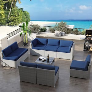 9-Piece Wicker Outdoor Patio Sectional Sofa Conversation Set with Coffee Table and Blue Cushions