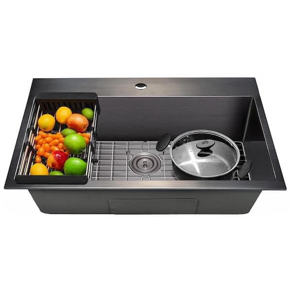 AKDY Gunmatel Matte Black Finished Stainless Steel 33 in. x 22 in. Single Bowl Drop-in Kitchen Sink with Accessories