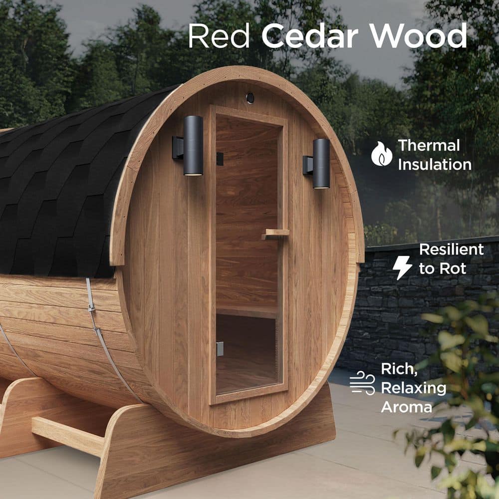 Outdoor Red Cedar Barrel Sauna with Heater and Roof