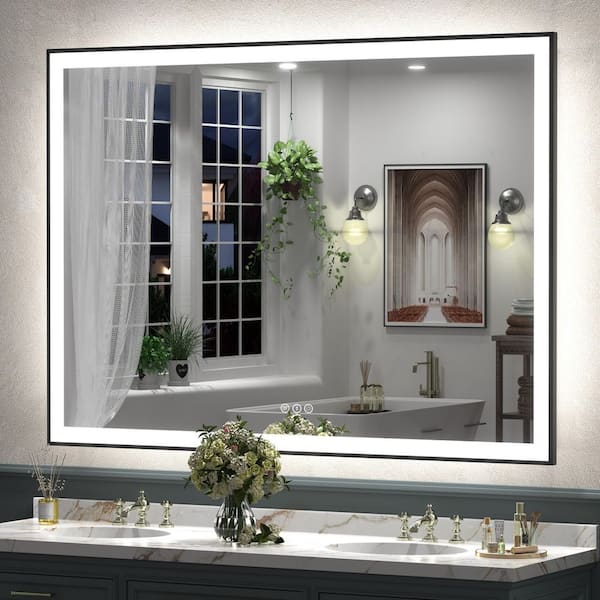 55 in.W x 40 in.H Rectangular Framed UL Certified Front and Back LED Anti-Fog Tempered Glass Wall Bathroom Vanity Mirror