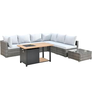 Sanibel Gray 8-Piece Wicker Outdoor Patio Conversation Sofa Seating Set with a Storage Fire Pit and Light Gray Cushions