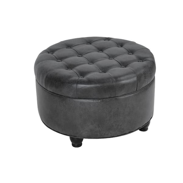 Gery Gray and Black Faux Leather Round Storage Ottoman