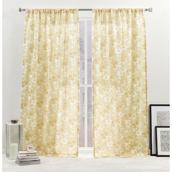 Dara Honey Gold Floral Light Filtering Rod Pocket Curtain, 54 in. W x 96 in. L (Set of 2)